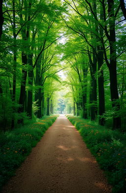 A serene pathway leading toward a bright light at the end, surrounded by a lush, vibrant forest on both sides