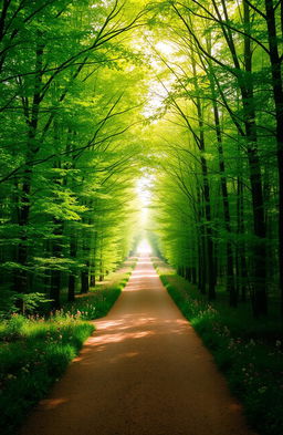 A serene pathway leading toward a bright light at the end, surrounded by a lush, vibrant forest on both sides