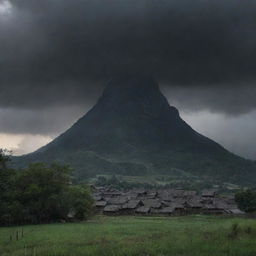 A magnificently ominous sky darkening further, casting a shadow over a previously unseen towering mountain, as the villagers watch in apprehension.