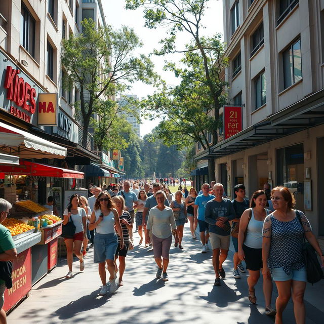 A lively and energetic urban street scene during the daytime