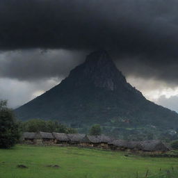 A magnificently ominous sky darkening further, casting a shadow over a previously unseen towering mountain, as the villagers watch in apprehension.