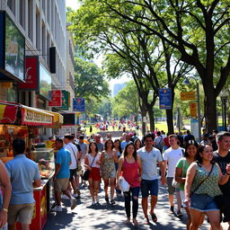A lively and energetic urban street scene during the daytime