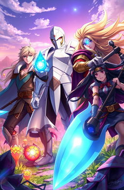 A dynamic fantasy scene depicting a hero party in action