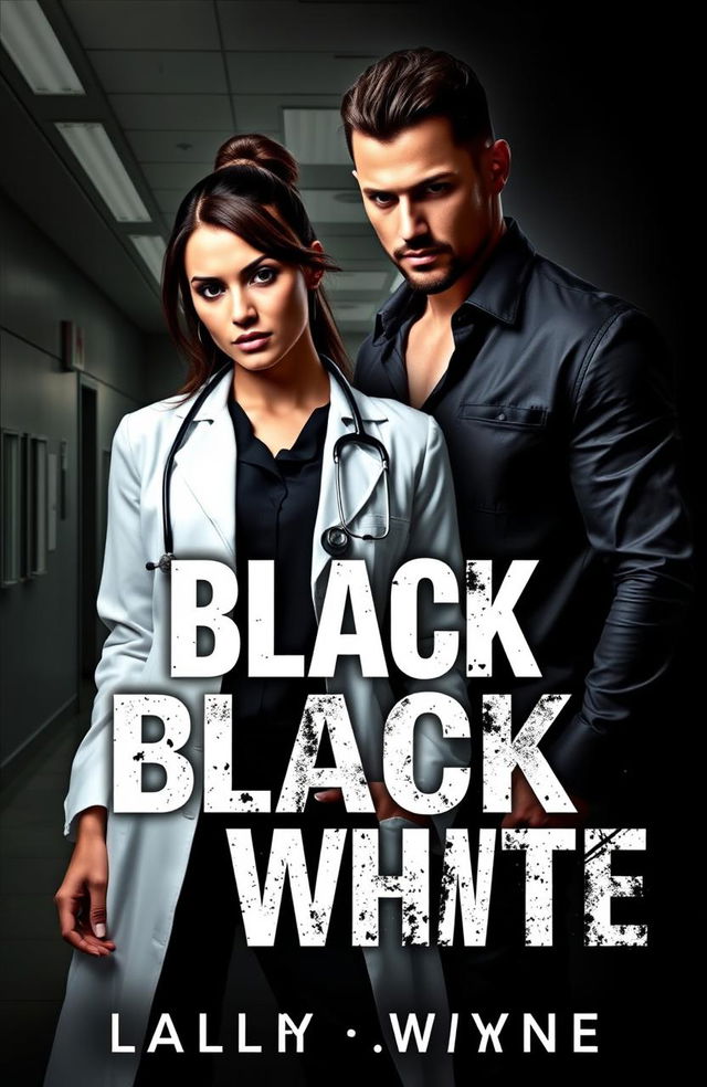 A captivating book cover for a romance novel titled "Black and White" featuring a fierce female doctor and a brooding male mafia member