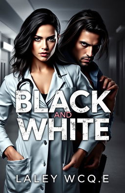 A captivating book cover for a romance novel titled "Black and White" featuring a fierce female doctor and a brooding male mafia member