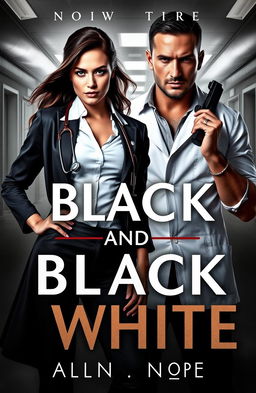 A captivating book cover for a romance novel titled "Black and White" featuring a fierce female doctor and a brooding male mafia member