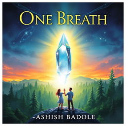 Book cover for 'One Breath' by Ashish Badole, illustrating a magical twilight scene above an ancient forest