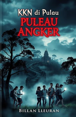 A captivating book cover for a story titled 'KKN di Pulau Angker', depicting an eerie, mist-shrouded island with dark, ominous trees and an ancient, crumbling temple hidden among the foliage