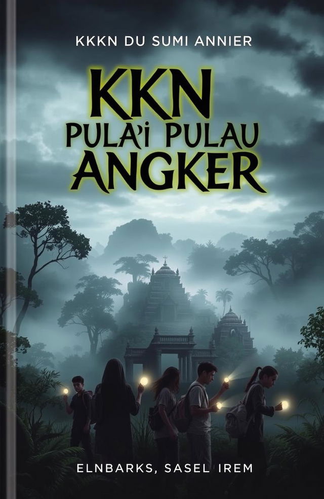 A captivating book cover for a story titled 'KKN di Pulau Angker', depicting an eerie, mist-shrouded island with dark, ominous trees and an ancient, crumbling temple hidden among the foliage