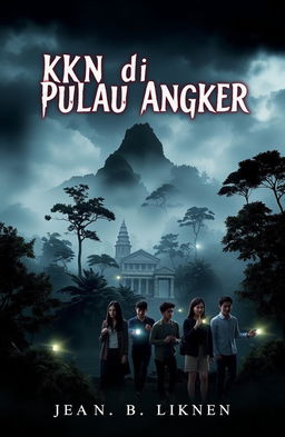 A captivating book cover for a story titled 'KKN di Pulau Angker', depicting an eerie, mist-shrouded island with dark, ominous trees and an ancient, crumbling temple hidden among the foliage