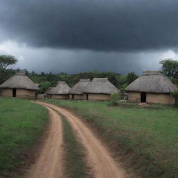 As the sky darkens, the villagers retreat to their thatched-roof houses, securing doors and windows, leaving the empty village under the darkened sky.