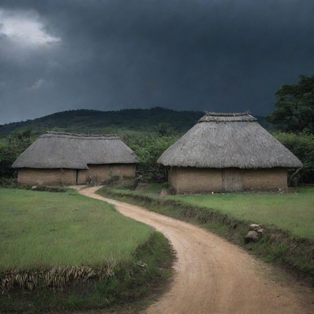 As the sky darkens, the villagers retreat to their thatched-roof houses, securing doors and windows, leaving the empty village under the darkened sky.