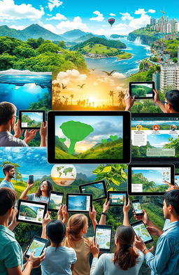 A vibrant collage representing environmental communication through multimedia, featuring elements like lush green forests, clean oceans, and urban settings with sustainable practices