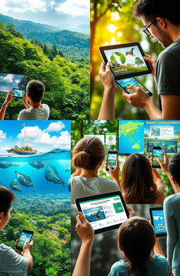 A vibrant collage representing environmental communication through multimedia, featuring elements like lush green forests, clean oceans, and urban settings with sustainable practices