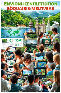A vibrant collage representing environmental communication through multimedia, featuring elements like lush green forests, clean oceans, and urban settings with sustainable practices