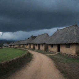 As the sky darkens, the villagers retreat to their thatched-roof houses, securing doors and windows, leaving the empty village under the darkened sky.