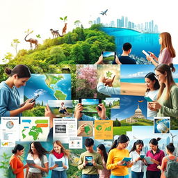 A vibrant collage representing environmental communication through multimedia, showcasing elements such as lush green forests, crystal-clear oceans, and cities embracing sustainable practices