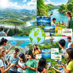 A vibrant collage representing environmental communication through multimedia, showcasing elements such as lush green forests, crystal-clear oceans, and cities embracing sustainable practices