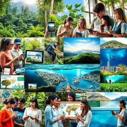 A vibrant collage representing environmental communication through multimedia, showcasing elements such as lush green forests, crystal-clear oceans, and cities embracing sustainable practices