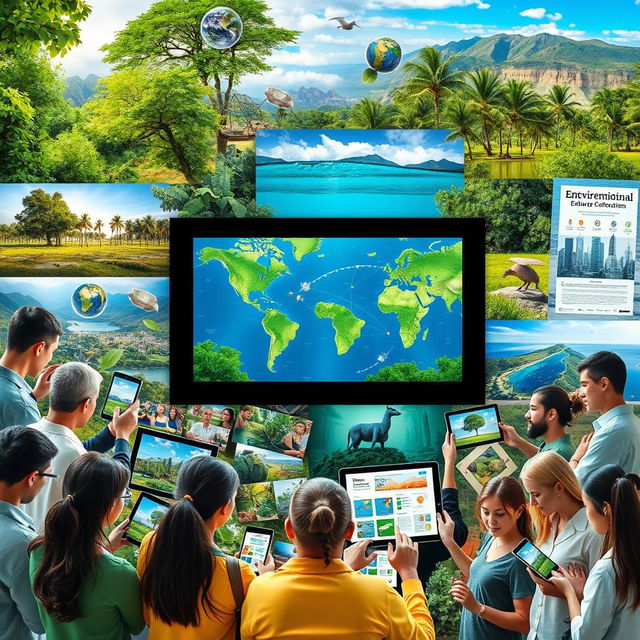 A vibrant collage representing environmental communication through multimedia, showcasing elements such as lush green forests, crystal-clear oceans, and cities embracing sustainable practices