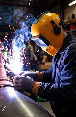 A skilled welder in action, wearing a protective helmet and gloves, working on a large metal structure