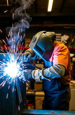 A skilled welder in action, wearing a protective helmet and gloves, working on a large metal structure