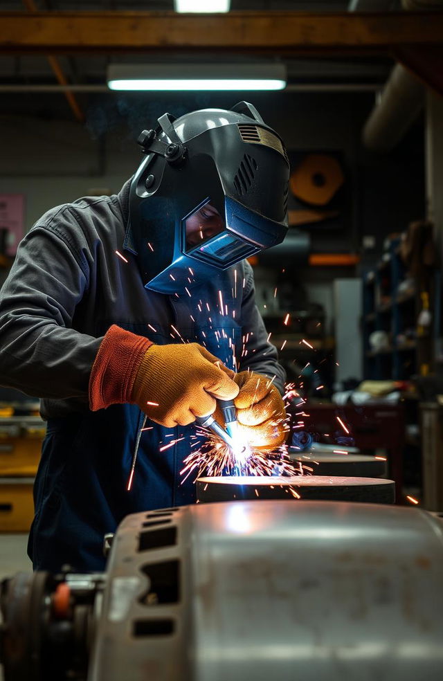 A skilled welder in action, wearing a protective helmet and gloves, working on a large metal structure