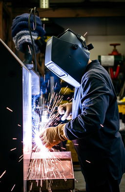 A skilled welder in action, wearing a protective helmet and gloves, working on a large metal structure