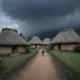 As the sky darkens, the villagers retreat to their thatched-roof houses, securing doors and windows, leaving the empty village under the darkened sky.