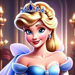 HD cartoon-style profile picture of Cinderella with sparkling blue eyes, golden hair in an updo with a sapphire-studded tiara, and wearing her iconic blue ball gown.