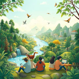 A captivating visual representation of environmental communication through multimedia, showcasing a harmonious blend of nature and technology