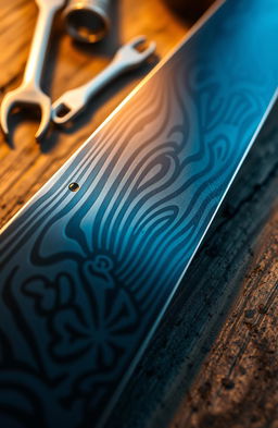 A high-quality close-up image of a beautifully forged carbon steel blade, showcasing intricate patterns and textures that highlight its strength and durability