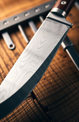 A high-quality close-up image of a beautifully forged carbon steel blade, showcasing intricate patterns and textures that highlight its strength and durability