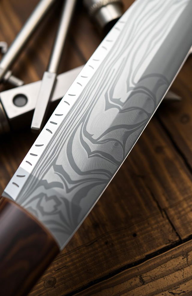 A high-quality close-up image of a beautifully forged carbon steel blade, showcasing intricate patterns and textures that highlight its strength and durability