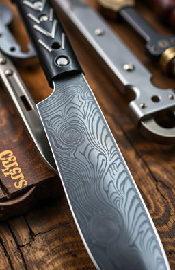 A high-quality close-up image of a beautifully forged carbon steel blade, showcasing intricate patterns and textures that highlight its strength and durability