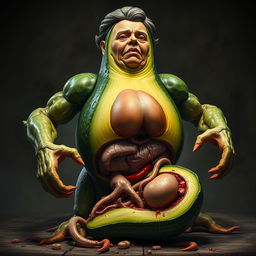 A highly realistic and surreal creature featuring the torso of a ripe avocado, cucumber legs, and muscular arms resembling those of a man