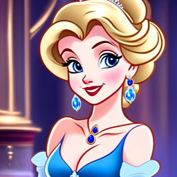 HD cartoon-style profile picture of Cinderella with sparkling blue eyes, golden hair in an updo with a sapphire-studded tiara, and wearing her iconic blue ball gown.