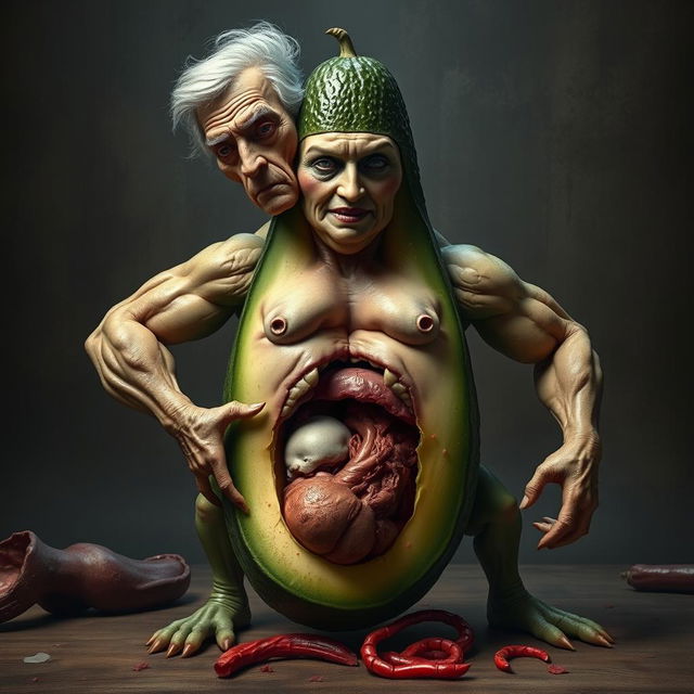 A highly realistic and surreal creature featuring the torso of a ripe avocado, cucumber legs, and muscular arms resembling those of a man