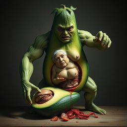 A highly realistic and surreal creature featuring the torso of a ripe avocado, cucumber legs, and muscular arms resembling those of a man