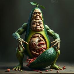 A highly realistic and surreal creature featuring the torso of a ripe avocado, cucumber legs, and muscular arms resembling those of a man