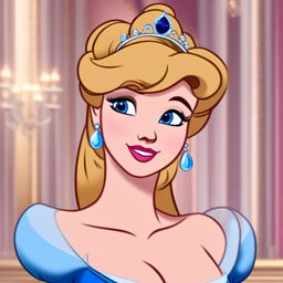 HD cartoon-style profile picture of Cinderella with sparkling blue eyes, golden hair in an updo with a sapphire-studded tiara, and wearing her iconic blue ball gown.