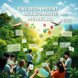 A dynamic visual representation of environmental communication through multimedia, showcasing a blend of natural landscapes, like lush forests and pristine coastlines, alongside modern technology