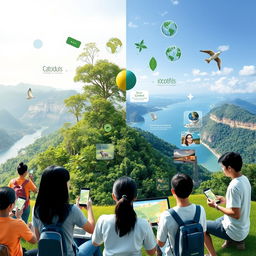A dynamic visual representation of environmental communication through multimedia, showcasing a blend of natural landscapes, like lush forests and pristine coastlines, alongside modern technology