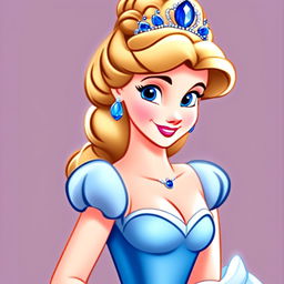 HD cartoon-style profile picture of Cinderella with sparkling blue eyes, golden hair in an updo with a sapphire-studded tiara, and wearing her iconic blue ball gown.