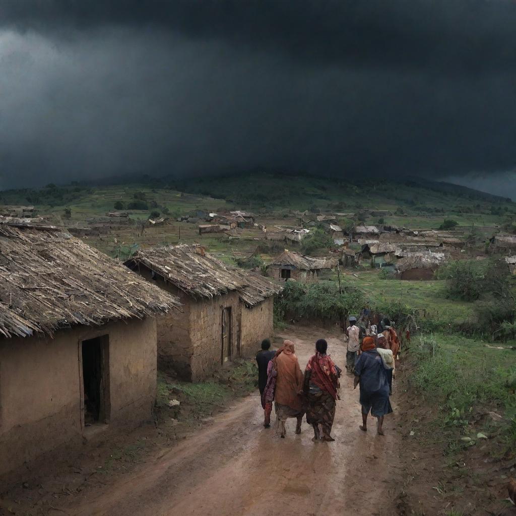 The rustic village, with the villagers emerging from their homes after the storm they predicted didn't happen. A lingering sense of shock and dread as they gaze upon the still darkened sky.