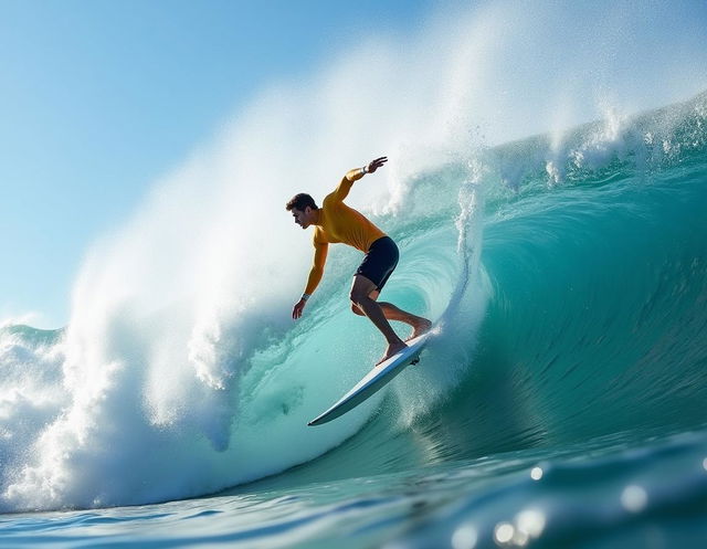 A dynamic action shot of a surfer expertly riding a massive wave, showcasing incredible skill and athleticism