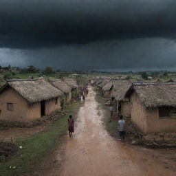 The rustic village, with the villagers emerging from their homes after the storm they predicted didn't happen. A lingering sense of shock and dread as they gaze upon the still darkened sky.