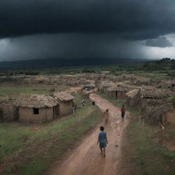 The rustic village, with the villagers emerging from their homes after the storm they predicted didn't happen. A lingering sense of shock and dread as they gaze upon the still darkened sky.