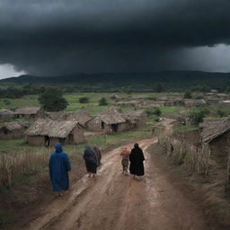 The rustic village, with the villagers emerging from their homes after the storm they predicted didn't happen. A lingering sense of shock and dread as they gaze upon the still darkened sky.