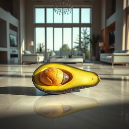 A striking image of a feminine avocado lying on the polished floor inside a luxurious modern house, showcasing sleek furniture and an open, airy ambiance
